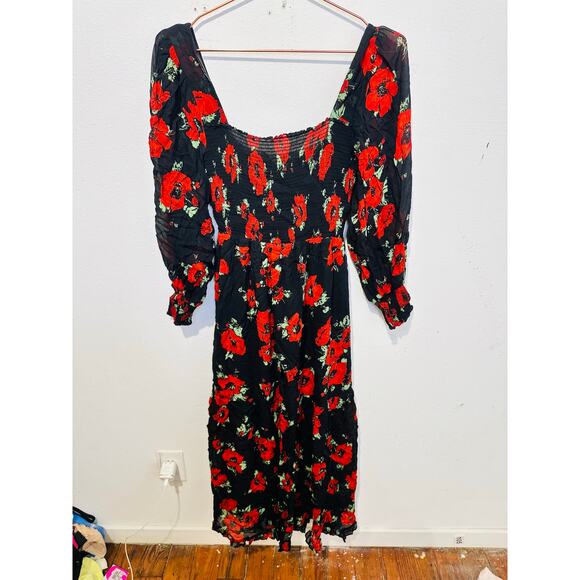 RIXO Black Red Poppy Floral Flowy Airy Yas Midi Dress size Medium - Picture 2 of 16